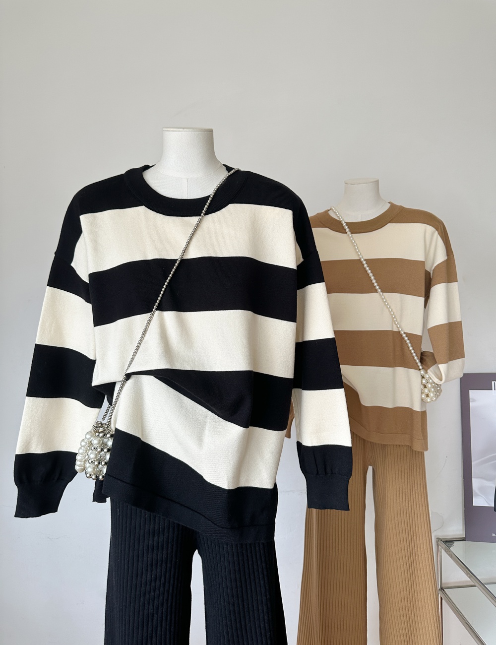 Splice fashion stripe round neck sweater 2pcs set for women