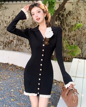 Temperament black autumn France style dress for women