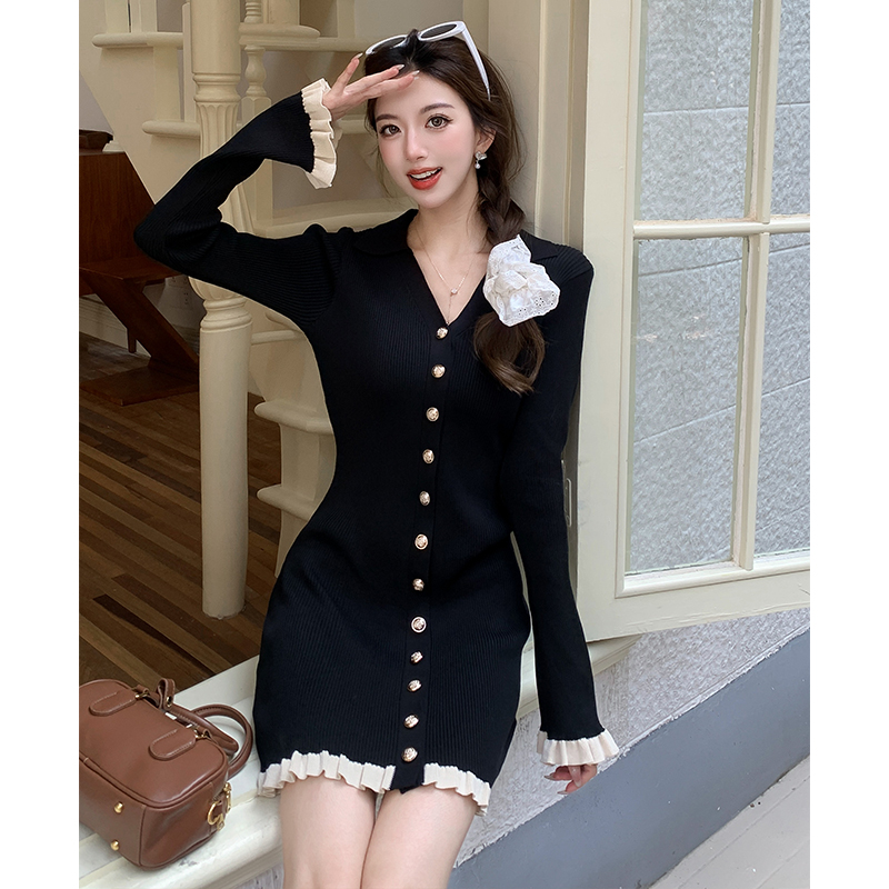 Temperament black autumn France style dress for women