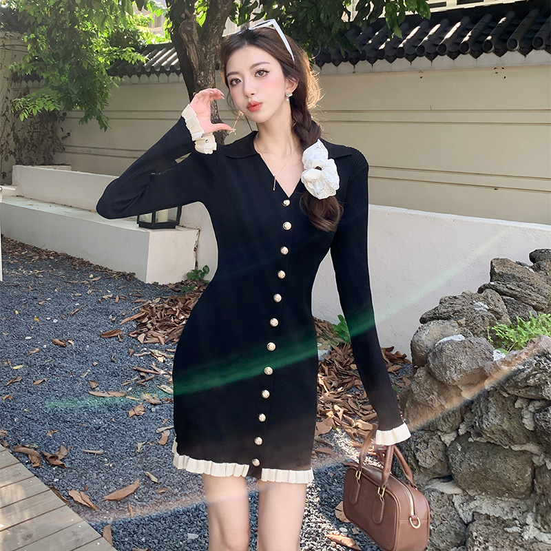 Temperament black autumn France style dress for women