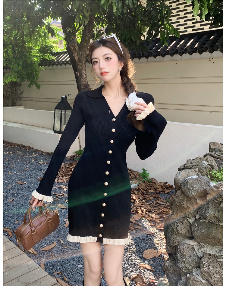 Temperament black autumn France style dress for women