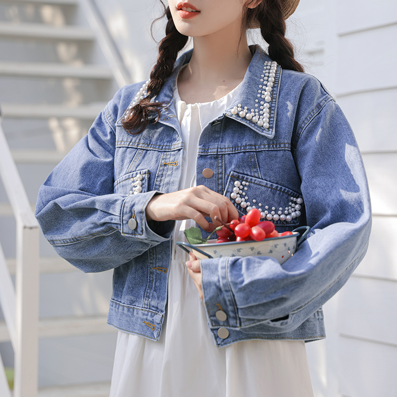 Conventional loose short jeans beading coat