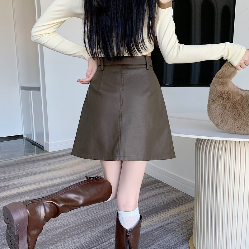 High waist slim washed with belt skirt