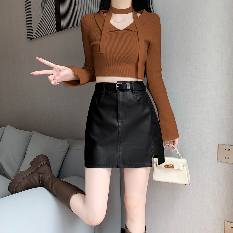 High waist slim package hip skirt black all-match leather skirt