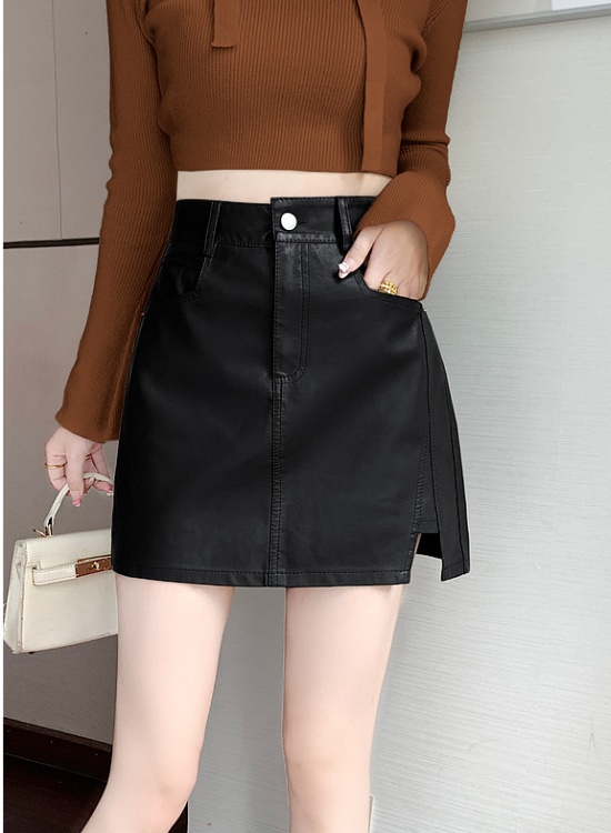 High waist slim package hip skirt black all-match leather skirt