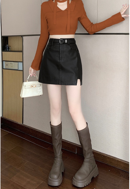 High waist slim package hip skirt black all-match leather skirt