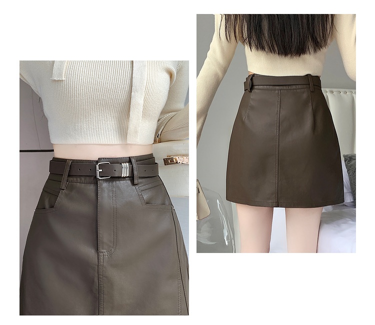 High waist slim package hip skirt black all-match leather skirt