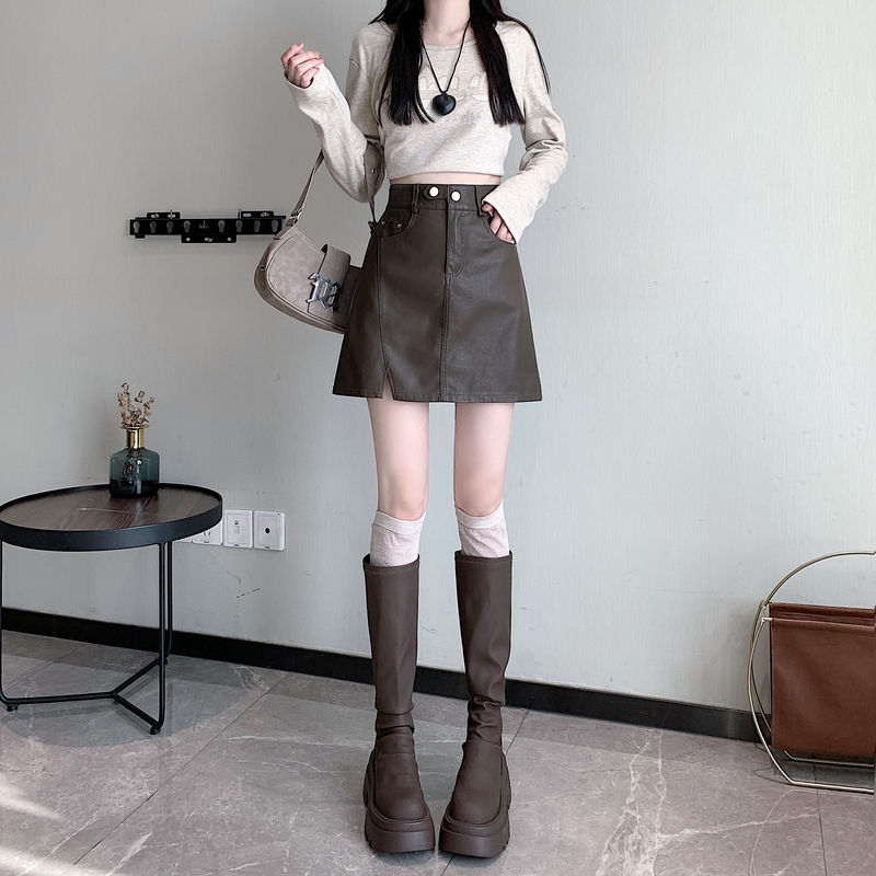 Slim commuting skirt autumn and winter leather skirt