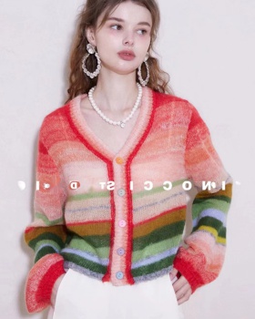 Niche retro rainbow unique V-neck cardigan for women