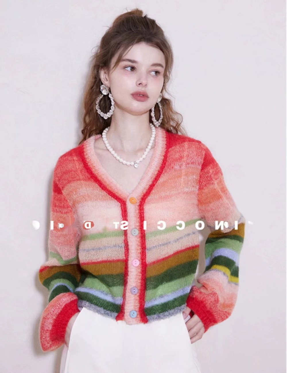 Niche retro rainbow unique V-neck cardigan for women