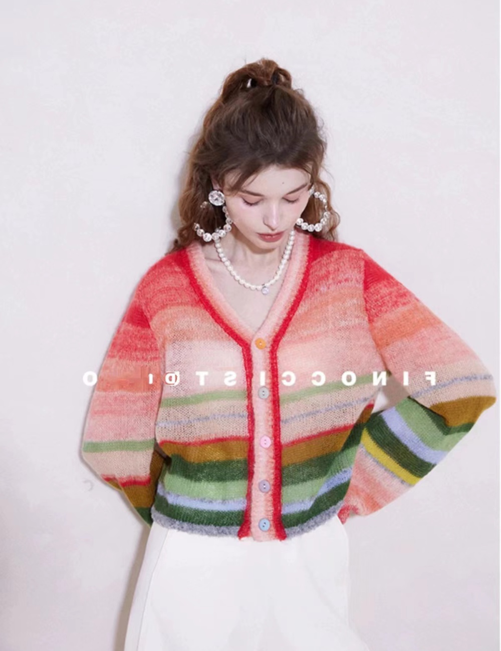 Niche retro rainbow unique V-neck cardigan for women