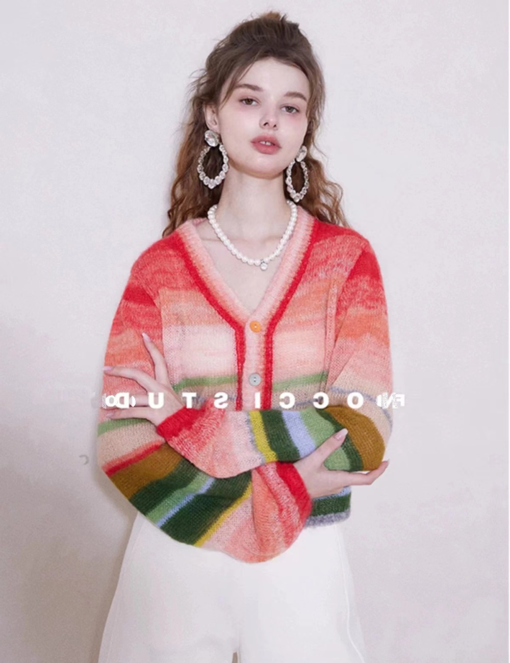 Niche retro rainbow unique V-neck cardigan for women