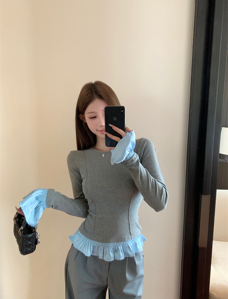 Long sleeve splice T-shirt bud sleeve tops for women