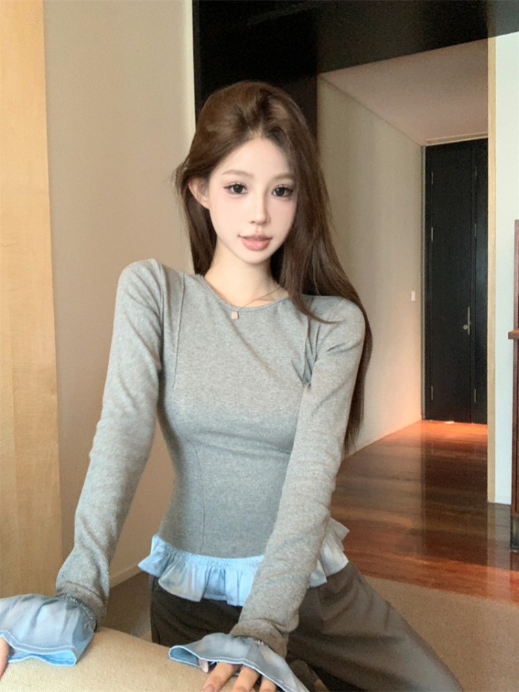 Long sleeve splice T-shirt bud sleeve tops for women