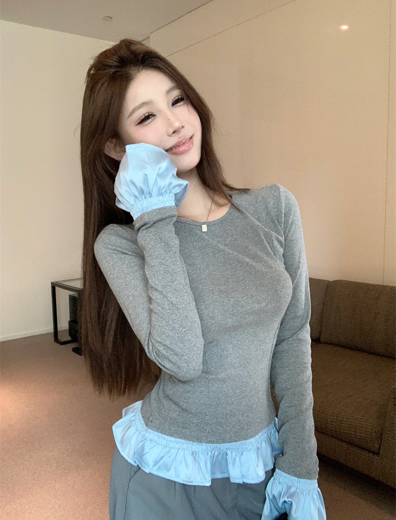 Long sleeve splice T-shirt bud sleeve tops for women