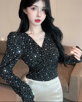 Long sleeve puff sleeve V-neck rhinestone fashion tops