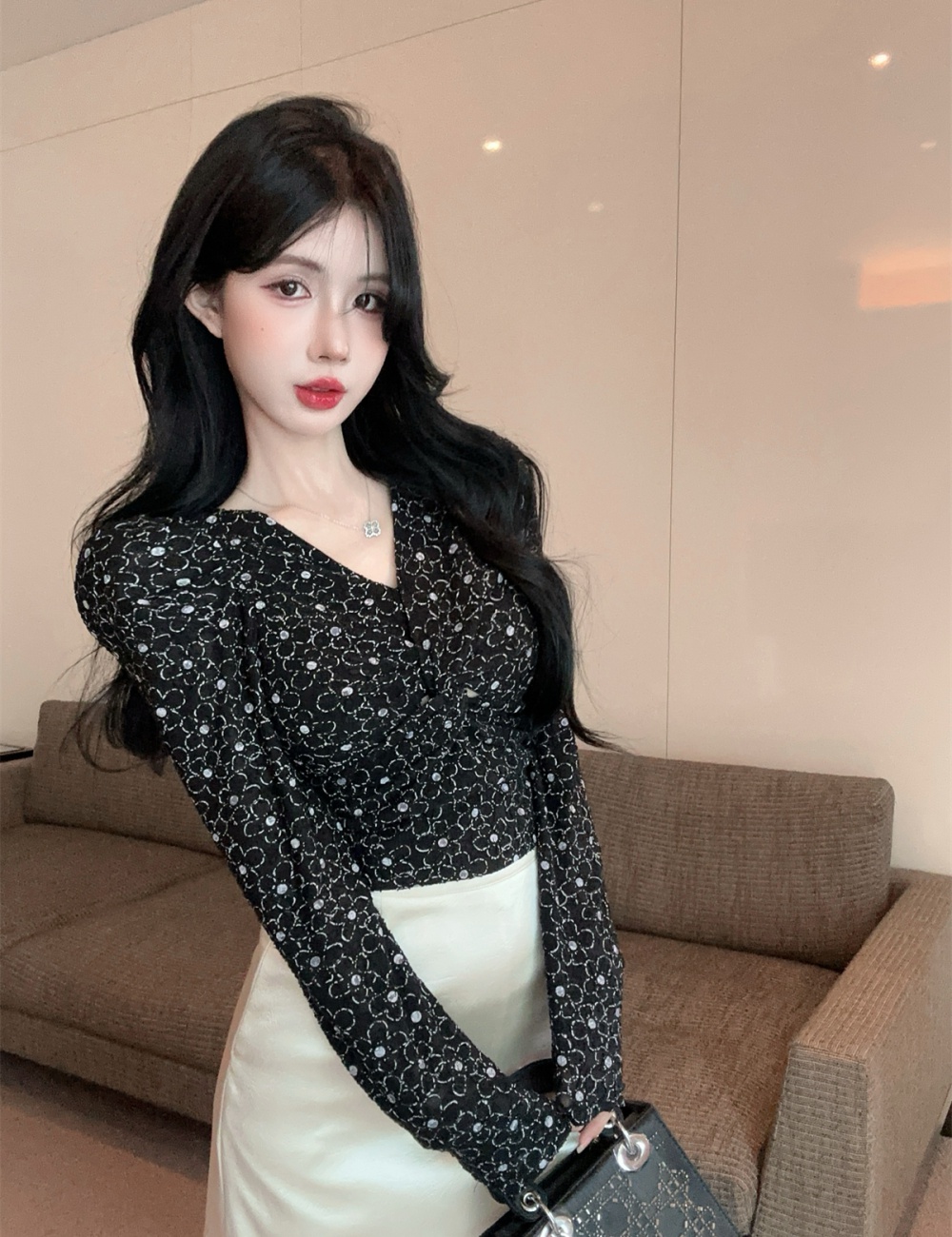 Long sleeve puff sleeve V-neck rhinestone fashion tops