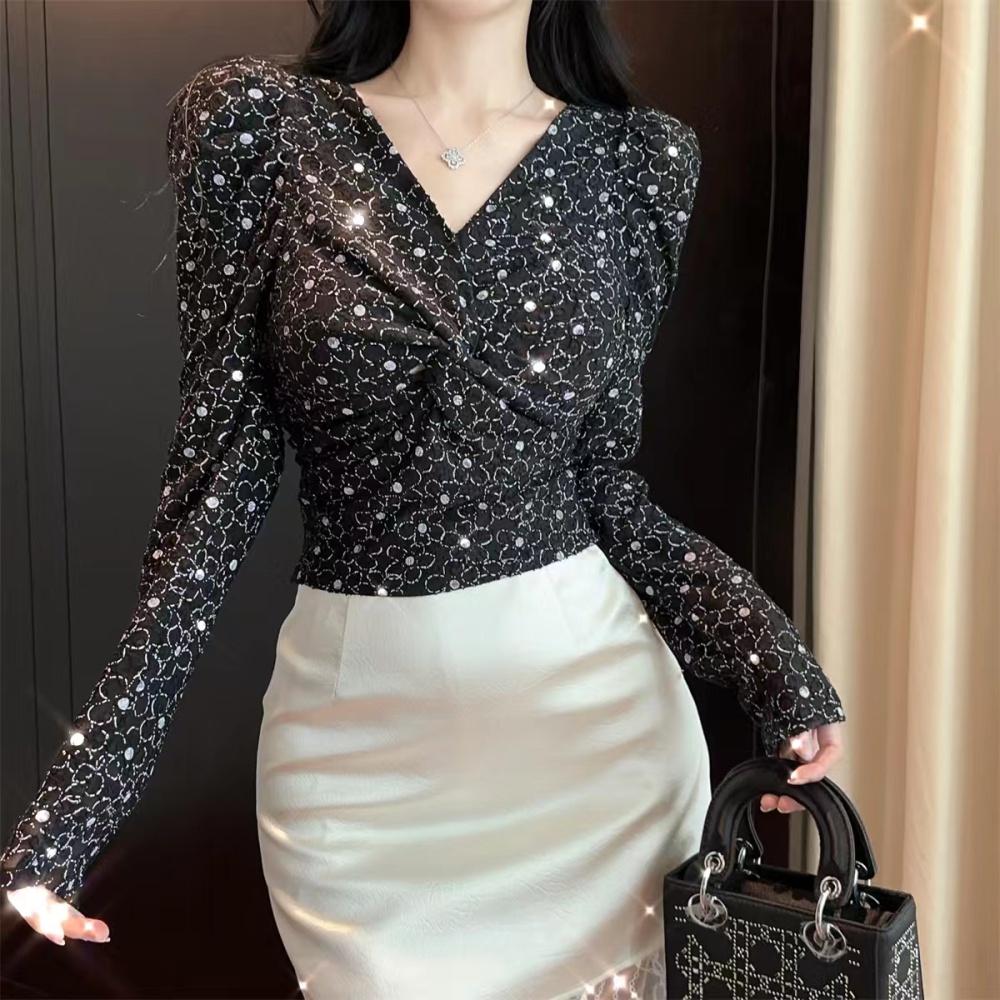 Long sleeve puff sleeve V-neck rhinestone fashion tops