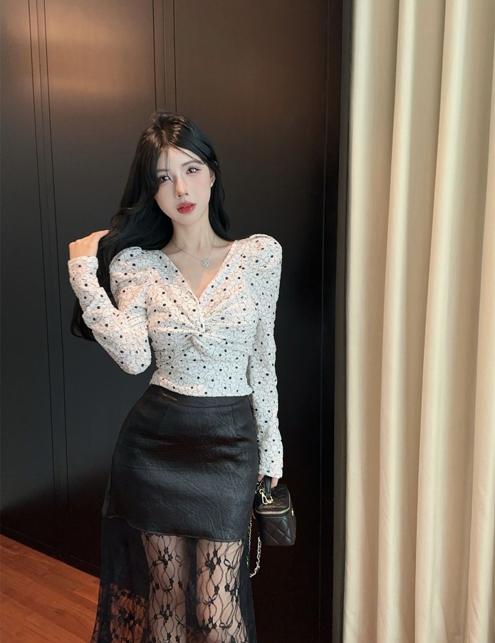 Long sleeve puff sleeve V-neck rhinestone fashion tops