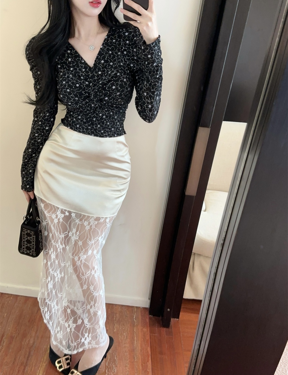 Fashion splice skirt autumn lace tops a set for women