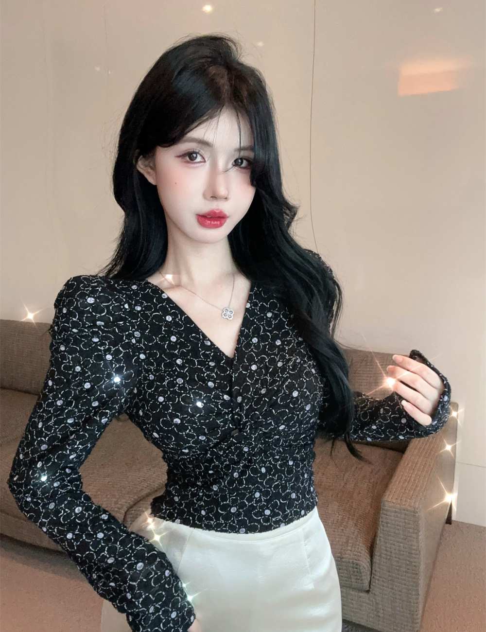 Fashion splice skirt autumn lace tops a set for women