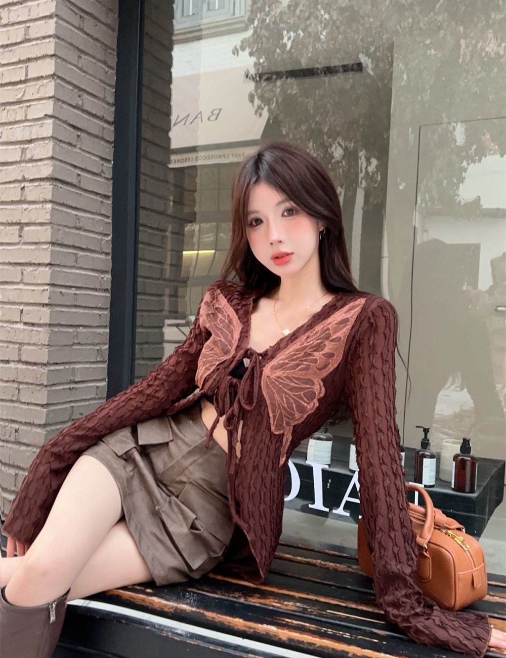 Fold butterfly bandage long sleeve tops