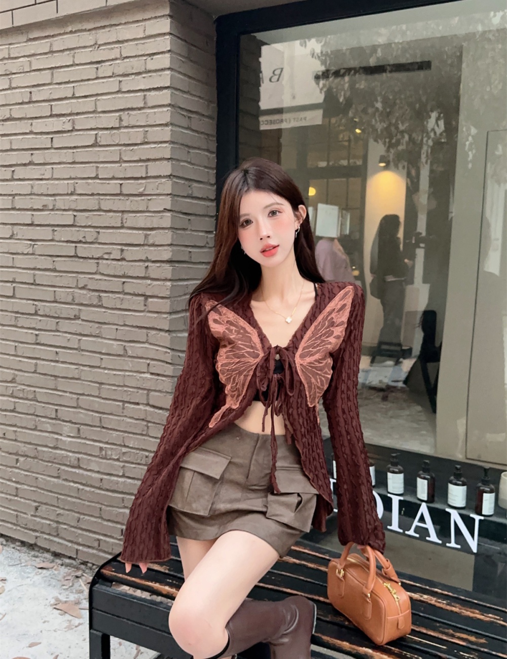 Bandage leather skirt tops 2pcs set for women