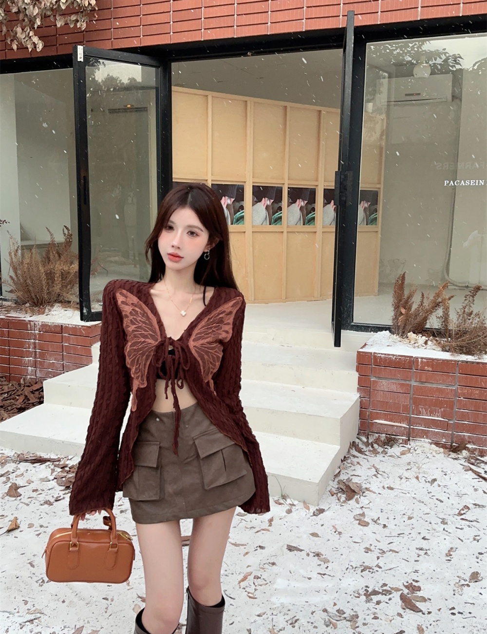 Bandage leather skirt tops 2pcs set for women