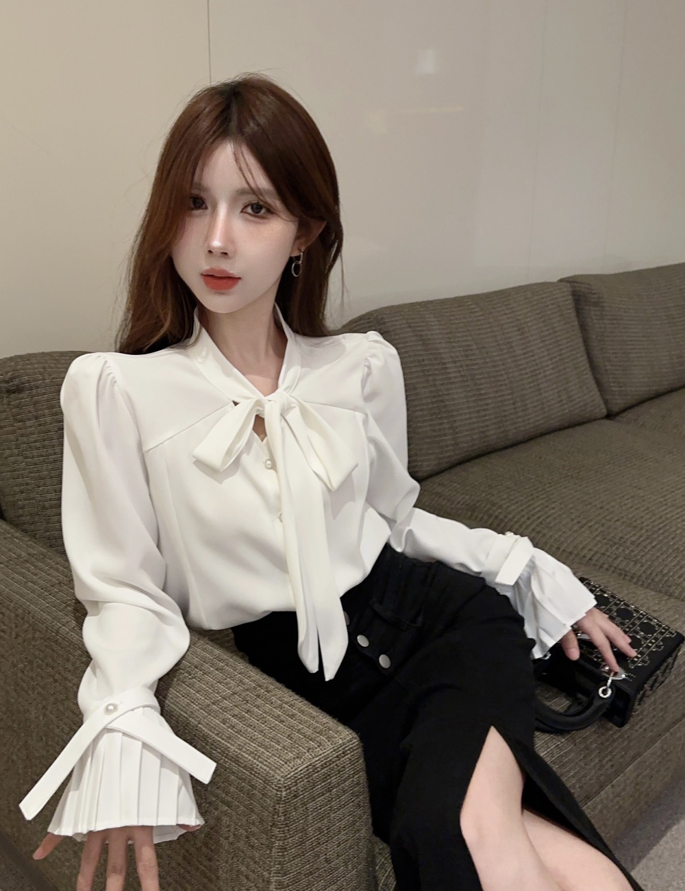 Western style autumn temperament pleated shirt for women