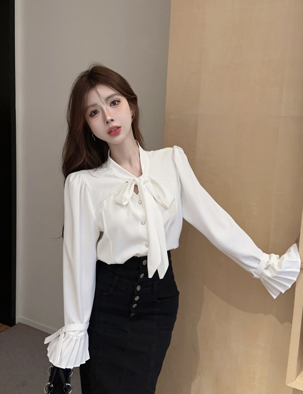 Western style autumn temperament pleated shirt for women