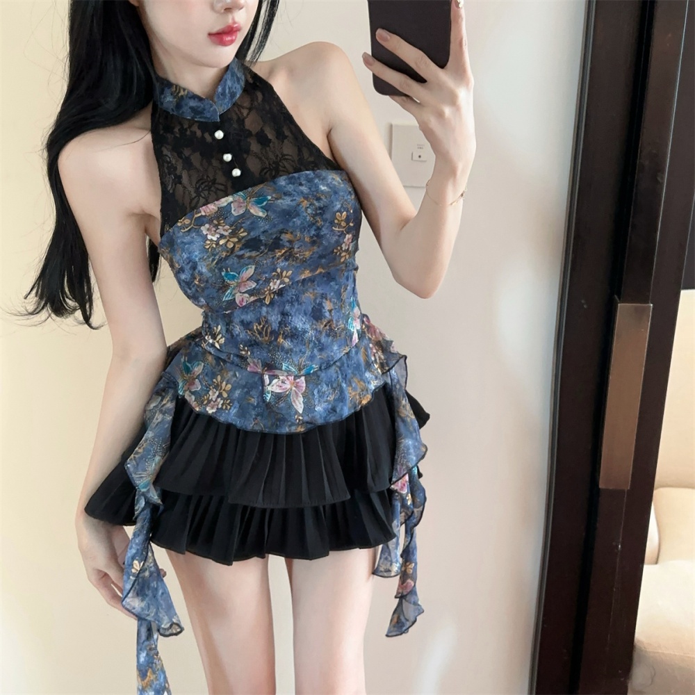 Chinese style tops printing cheongsam 2pcs set for women