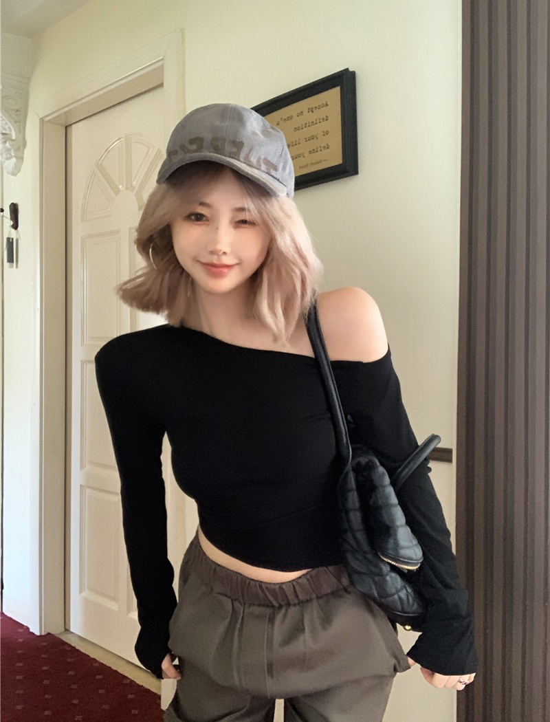 Wool fold tops long sleeve sloping shoulder T-shirt