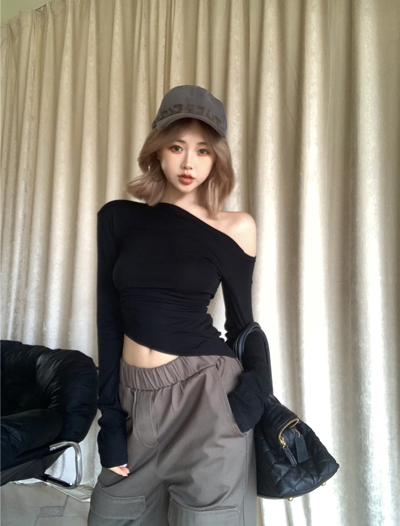 Wool fold tops long sleeve sloping shoulder T-shirt