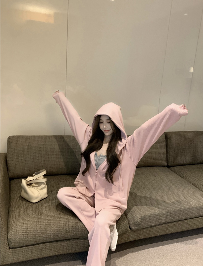 Autumn pink hooded hoodie zip lazy Casual coat a set for women