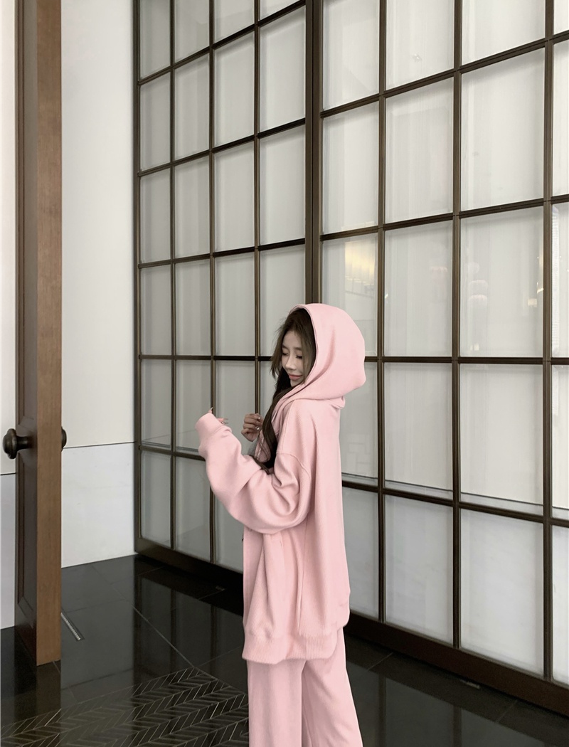 Autumn pink hooded hoodie zip lazy Casual coat a set for women