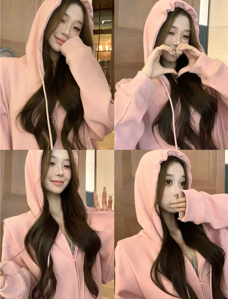 Autumn pink hooded hoodie zip lazy Casual coat a set for women