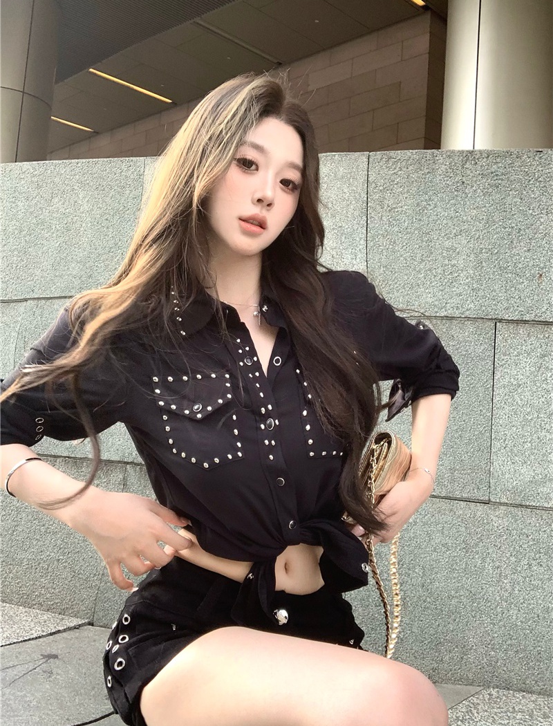 Fashion rivet black shirt cat eye couples Korean style coat