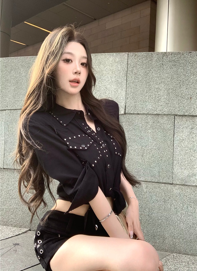 Fashion rivet black shirt cat eye couples Korean style coat