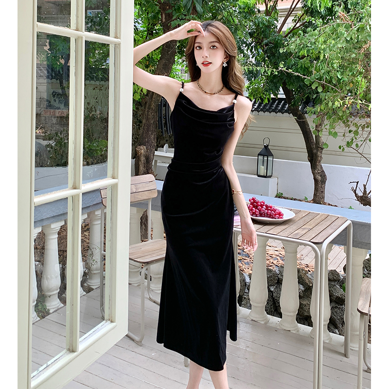 Split France style chouzhe pinched waist niche strap dress