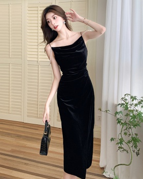 Retro temperament pinched waist sling dress for women