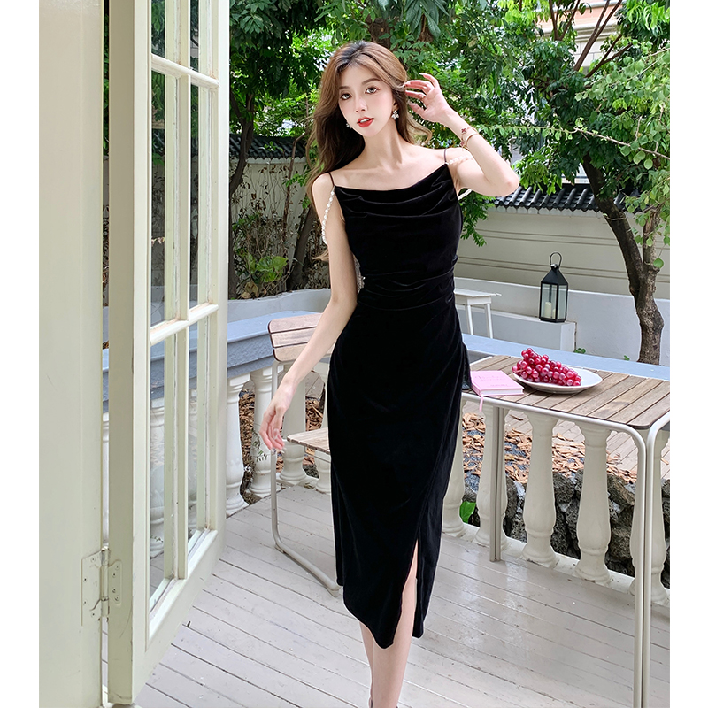 Retro temperament pinched waist sling dress for women