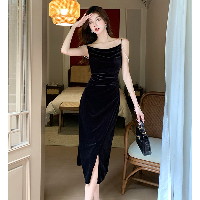 Retro temperament pinched waist sling dress for women