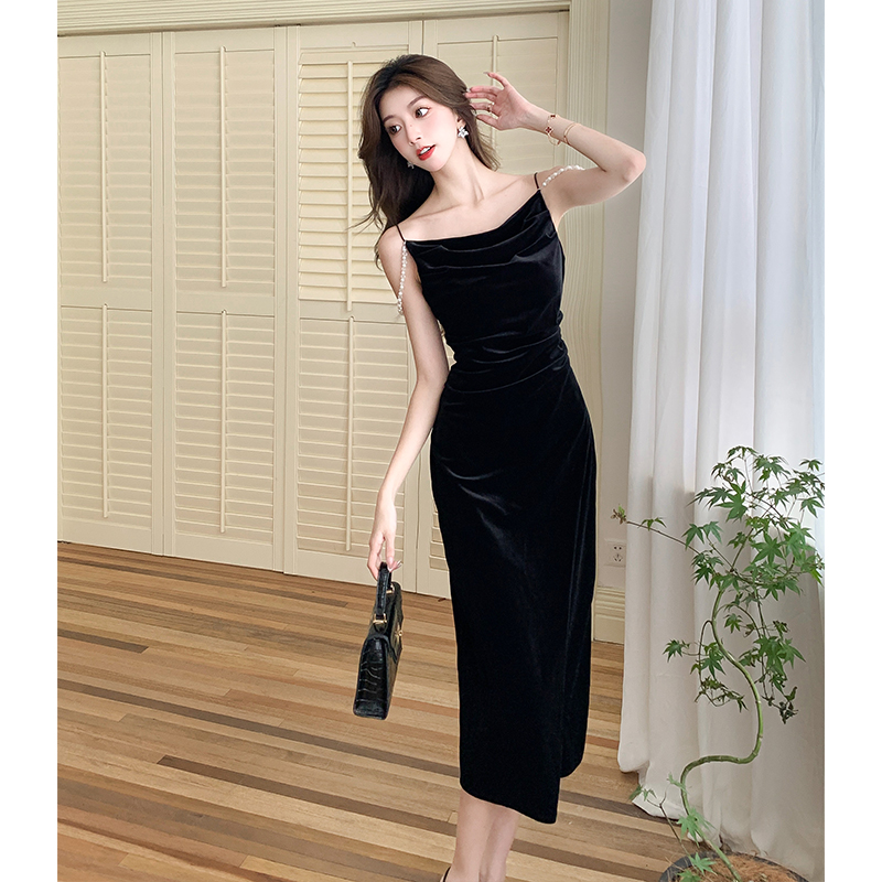 Retro temperament pinched waist sling dress for women