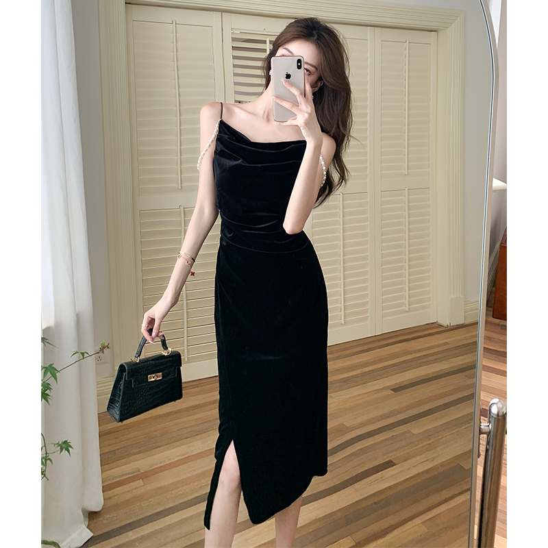 Retro temperament pinched waist sling dress for women