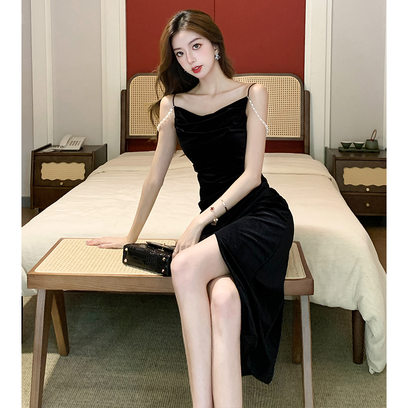 Retro temperament pinched waist sling dress for women