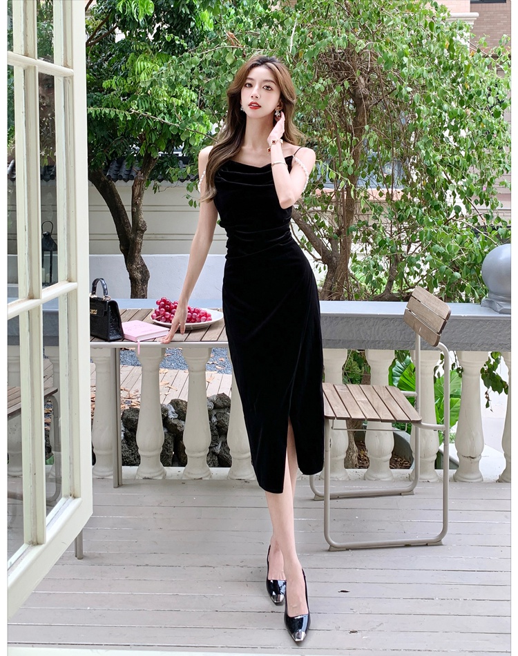 Retro temperament pinched waist sling dress for women