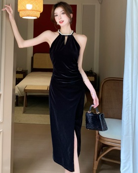 Halter niche long dress fold dress for women