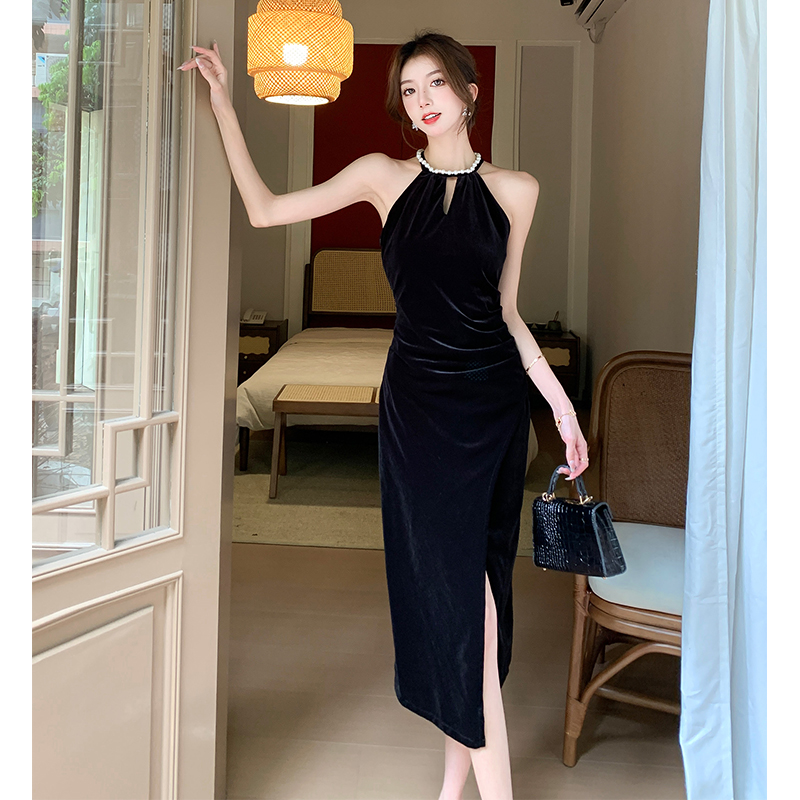 Halter niche long dress fold dress for women