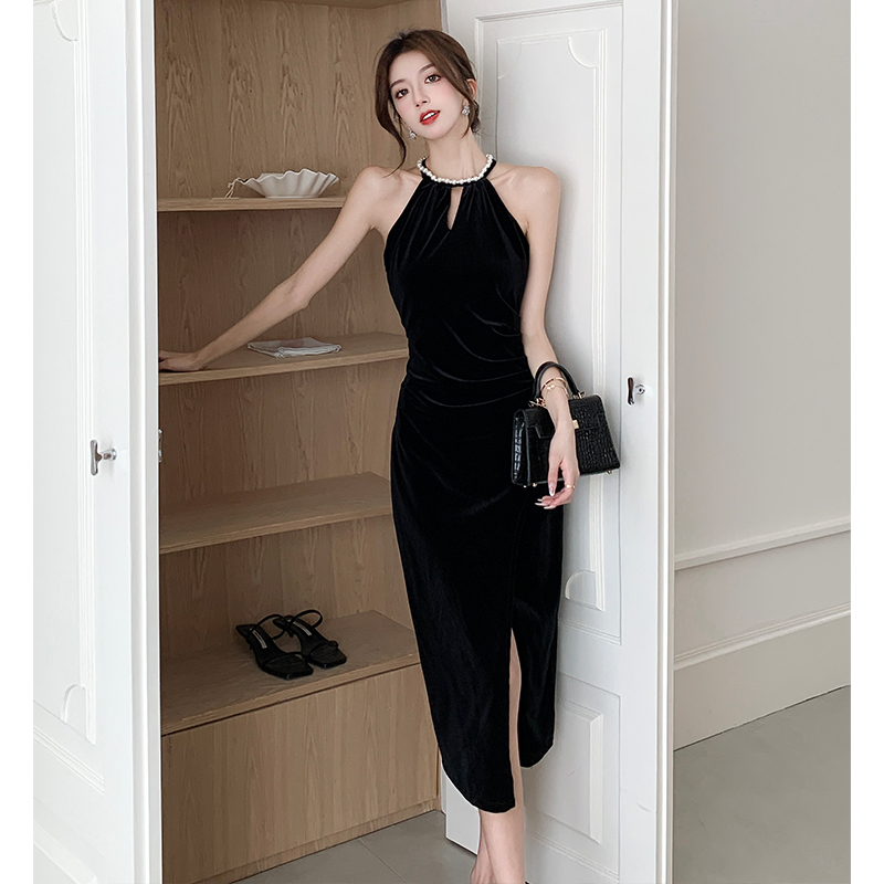 Halter niche long dress fold dress for women