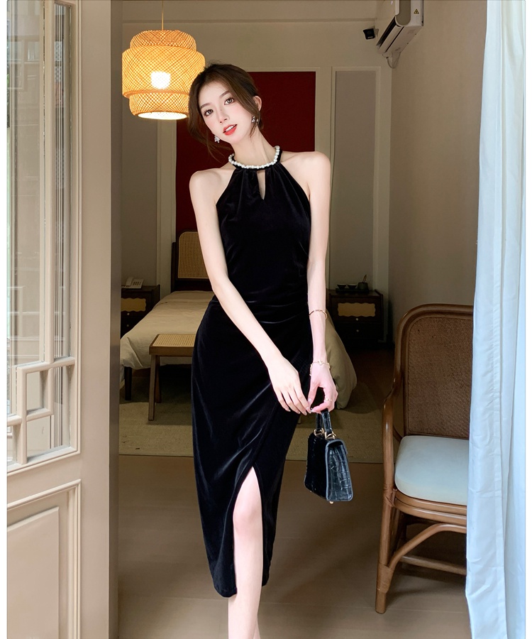 Halter niche long dress fold dress for women